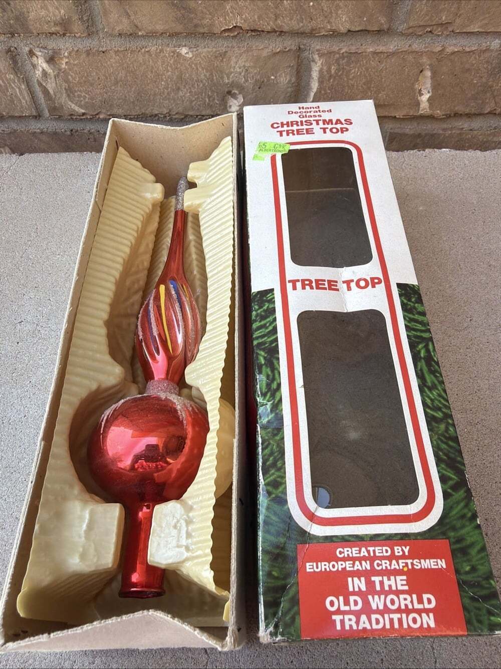 VTG Old World Mercury Glass Christmas Tree Topper Red Silver Glitter Orig Box